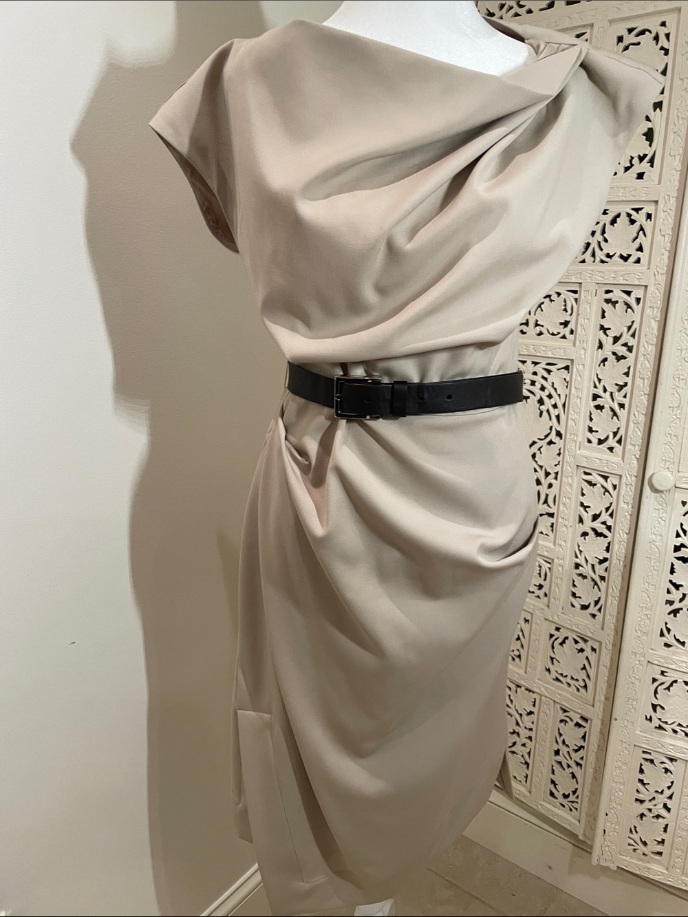VINTAGE Michael kors Draped taupe stretch wool  Dress with Browm Belt